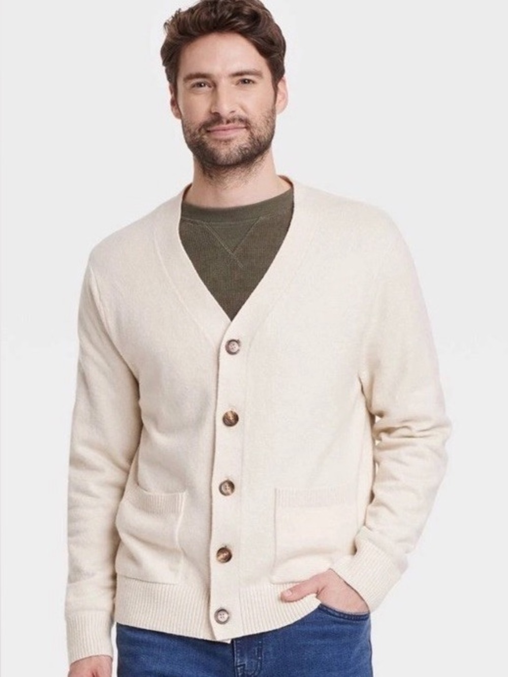 Goodfellow & Co Men's Cream Button-Up V-Neck Cardigan